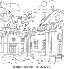 Ilustração vetorial, edifícios históricos antigos no inverno, coloração