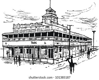 Vector illustration of old hotel in Australian outback town with pedestrians.
