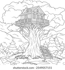 Ilustração vetorial, casa velha em uma árvore alta, livro de colorir