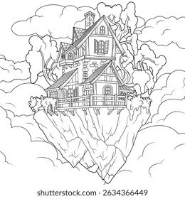 Ilustración vectorial, vieja casa en una isla voladora, colorear