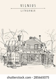 Vector illustration of an old house in Vilnius, Lithuania, Europe. Isolated freehand drawing. Travel sketch. Vertical greeting card template. Postcard design with hand lettered title, space for text