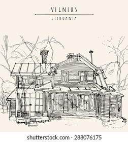 Vector illustration of an old house in Vilnius, Lithuania, Europe. Isolated freehand drawing. Travel sketch. Vertical greeting card template. Postcard design with hand lettered title, space for text