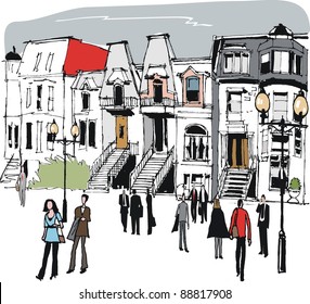 Vector illustration of old houses in Montreal, Canada