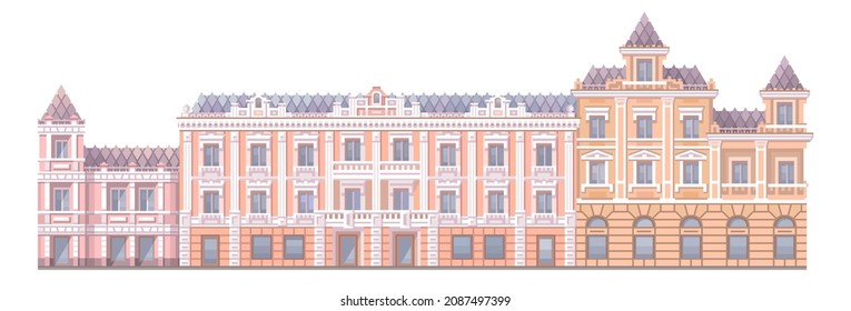 Vector illustration. Old houses with tile roof isolated on white background.