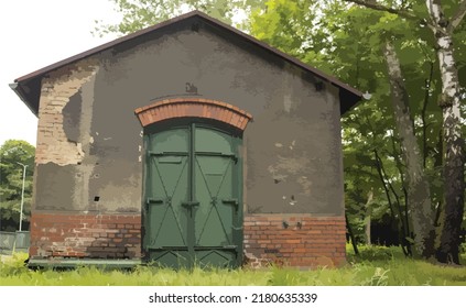 Ilustración vectorial de un viejo edificio industrial. Fachada de hormigón. Grasa, árboles. Construcción de la zona de la cantera para la extracción de carbón negro. Puerta de hierro. Fachada, ladrillos, pendiente 