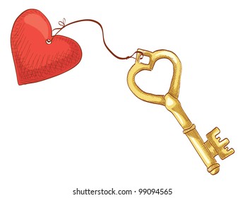 Vector Illustration Of An Old Key And A Heart As A Charm