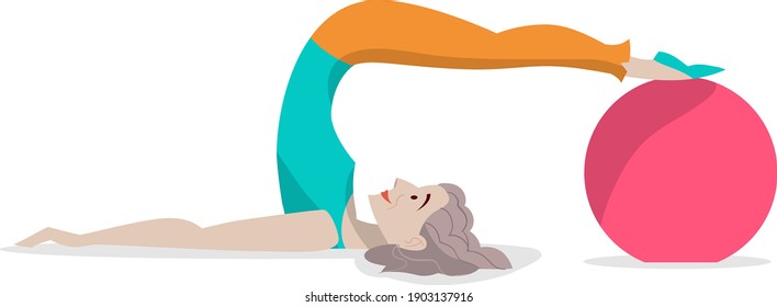vector illustration - old lady with gray hair doing Pilates with a Pilates ball