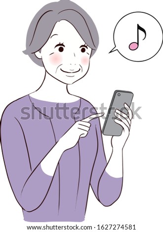 vector illustration of an old lady. She is surfing the internet on a smartphone.
