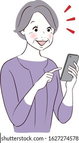 vector illustration of an old lady with a smile. She is surfing the internet on a smartphone.