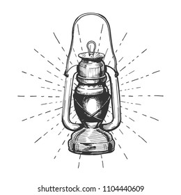 Vector illustration of an old lantern on a sunburst. Vintage hand drawn style.