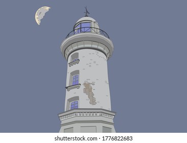 Vector illustration of an old lighthouse against a dark sky with the moon.