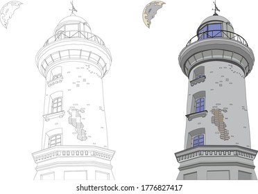 Ilustración vectorial de un viejo faro con la luna en forma de contorno y color.