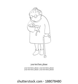 Vector illustration of an old little granny with a kitten isolated on white in a doodle style
