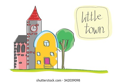 Vector illustration of old little town. Cartoon historic buildings city town. Vintage drawing of clock town, little house, green tree and label with text - little town. Isolated on white. Eps 10.