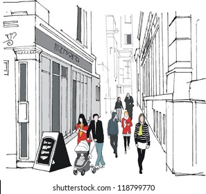 Vector illustration of old London buildings and pedestrians