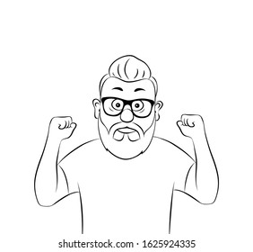 Vector illustration old man with a beard and mustache raised his fists.Linear silhouette on a white background.