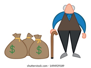 Vector illustration old man with dollar money sacks. Hand drawn. Colored outlines. 