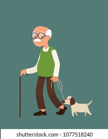 Vector Illustration An Old Man Or Elderly Person Walking With His Little Dog