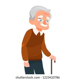 Vector illustration old man.  An elderly man with glasses and walking cane