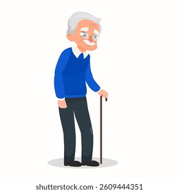Vector illustration old man.  An elderly man with glasses and walking cane. 