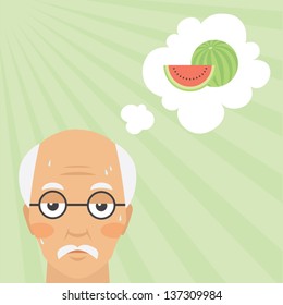 Vector illustration of old man feeling hot and dreaming about slice of watermelon