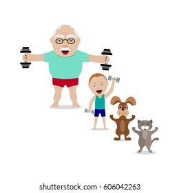 Vector illustration of old man, grandson and pets 