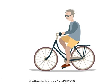 ilustración vectorial de un anciano con pelo gris con gafas en una bicicleta sobre un fondo blanco.  un ciudadano mayor monta una bicicleta.  ocio activo de los ancianos