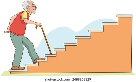 vector illustration of old man holding a cane, standing on the first step of the stairs, holding the banister, trying to go up, isolated on white. Health care, safety elderly.
