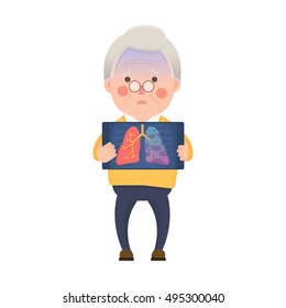 Vector Illustration of Old Man Holding X-ray Image Showing Lung Cancer Problem, Cartoon Character
