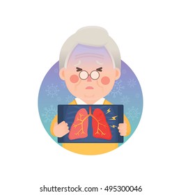 Vector Illustration of Old Man Holding X-ray Image Showing Inflammation Lung Problem, Cartoon Character
