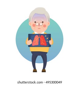 Ilustración vectorial del hombre viejo que sostiene la Imagen de la radiografía que muestra el problema pulmonar de la inflamación, carácter de la historieta
