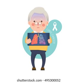Vector Illustration of Old Man Holding X-ray Image Showing Lung Cancer Problem, Cartoon Character
