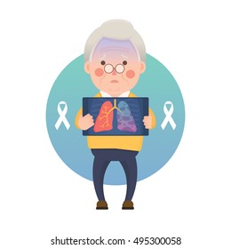Vector Illustration of Old Man Holding X-ray Image Showing Lung Cancer Problem, White Awareness Ribbon, Cartoon Character
