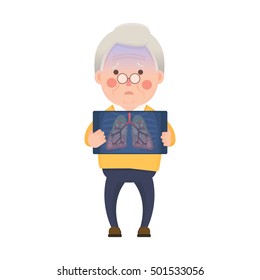 Vector Illustration of Old Man Holding X-ray Image Showing Lung Pulmonary Emphysema Problem, Cartoon Character
