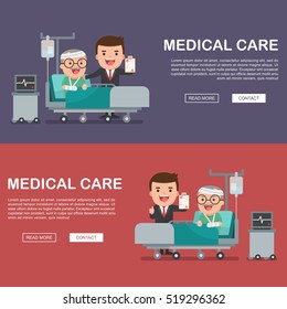 A vector illustration of a old man in the hospital injured and insurance Services Concept for banner, Health insurance concept. Protection health. Care medical. Healthcare concept. 