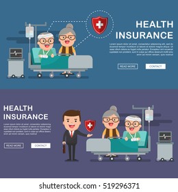 A vector illustration of a old man in the hospital injured and insurance Services Concept for banner, Health insurance concept. Protection health. Care medical. Healthcare concept. 