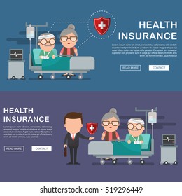 A vector illustration of a old man in the hospital injured and insurance Services Concept for banner, Health insurance concept. Protection health. Care medical. Healthcare concept. 