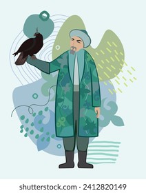 Vector illustration. An old man in a Kazakh national costume with an eagle on his arm against a background of ornaments and traditional Kazakh symbols.

