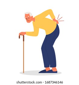 Vector illustration of old man with lumbar pain or injury. Man having a sore back, trauma in lumbar part of the colon. Vector illustration of body injury