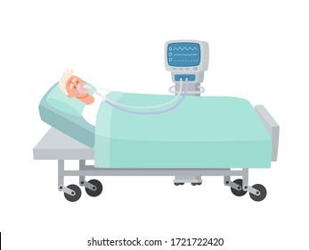 Vector illustration of old man lying in hospital bed with oxygen mask and ventilator isolated on white. Man in reanimation during coronavirus infection used for magazine, web-pages.