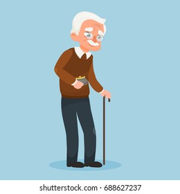 Vector illustration old man with a purse.  An elderly man with glasses and walking cane. 