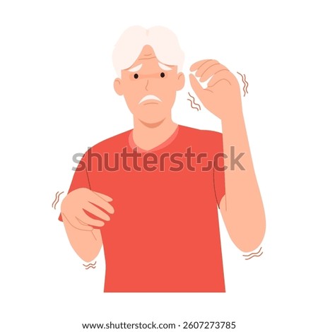 Vector illustration of old man showing tremor, a symbol of Parkinson's disease and essential tremor. Symptoms are slow movement and muscle stiffness.
