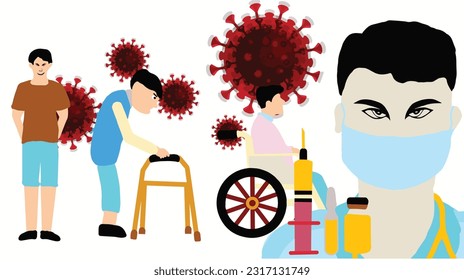 Vector illustration old man, sick man in wheelchair, virus, vaccination doctor, syringe on white background.