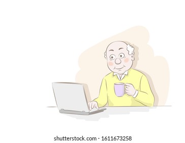 Vector illustration old man sitting at table with laptop. Modern gadget .Hand drawn sketch cartoon.