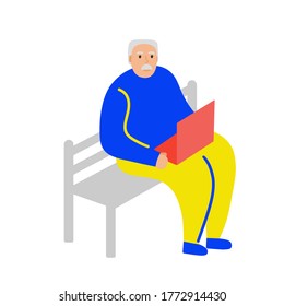 
Vector illustration of an old man sitting in a park with a laptop. Grandfather with gray hair and a mustache walks. Stylish elderly aged character active old age. Freelance with a laptop on the bench