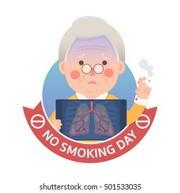 Vector Illustration of Old Man Smoking Cigarette While Holding X-ray Image Showing Lung Pulmonary Emphysema Problem With No Smoking Day Ribbon Sign, Cartoon Character
