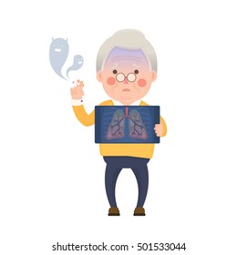 Vector Illustration of Old Man Smoking Cigarette While Holding X-ray Image Showing Lung Pulmonary Emphysema Problem, Cartoon Character, Devil Smoke
