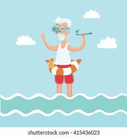 Vector illustration of old man standing in sea water with diving mask on his face and diving tube in his hand 