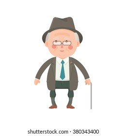 Vector Illustration of Old man in Suit with Walking Stick 
