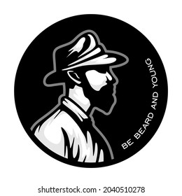 Vector illustration of old man with thick beard and wearing bucket hat in shillouette style and isolated in circle black background